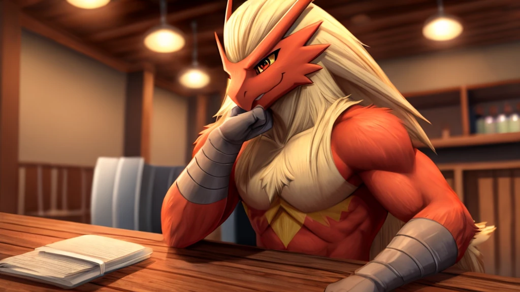 Blaziken, perspective from front. Solo. Holding up my chin wjth the backs of my hands, sitting at a table, cute, warm smile