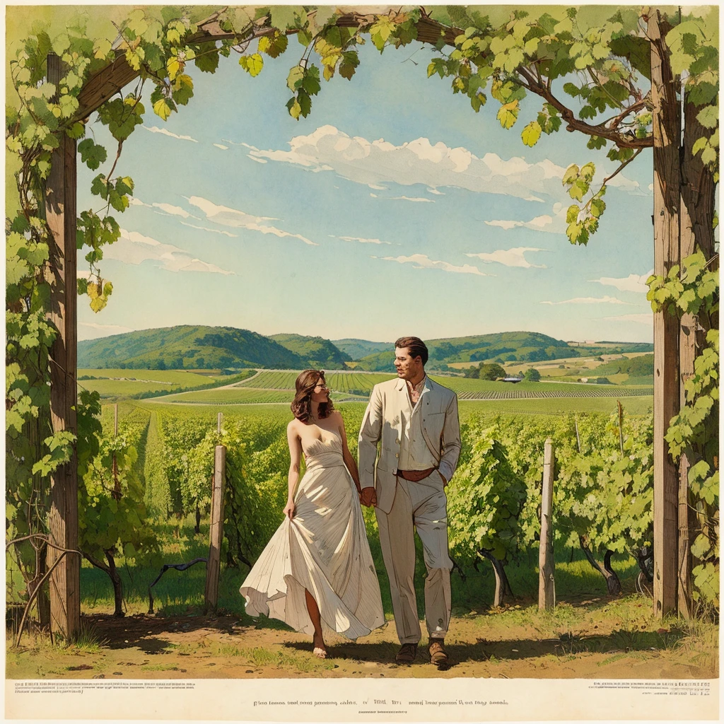 full body view, ewo naked shaved rural woman and a man work in Vineyard on hill, Andrew Loomis style, Masterpiece work of art, highly detailed linework reminiscent of Carne Griffiths, imbued with Wadim Kashim's bold color and texture, light and airy as Carl Larsson's compositions, featuring Pascal Blanche-style hyper-realistic characte