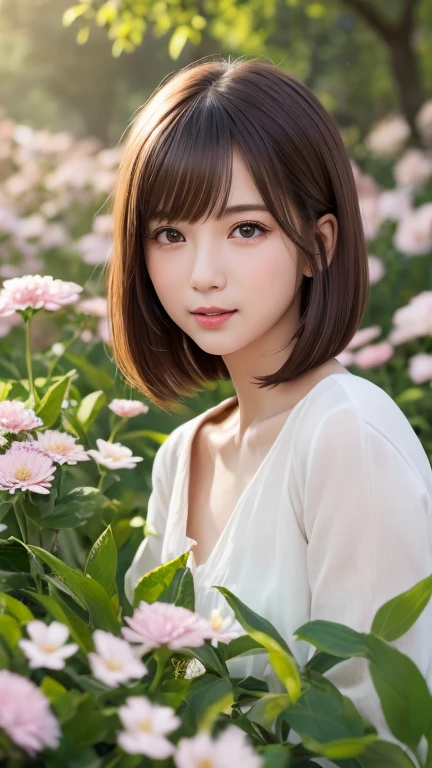 One Girl、(beautiful girl、Delicate girl:1.3)、(21 years old:1.3)、break、(Spring Clothes:1.3)、break、Very beautiful eyes、(Symmetrical eyes:1.3)、break、(Countless flowers、 a colorful flower field:1.3)、Perfectly shaped and anthropomorphic fingers、break、Small breasts、Brown eyes、(((bob cut)))、Show your forehead、Brown Hair、break、(Eye and facial details:1.0)、break、(masterpiece、Highest quality、Very detailed) 、Detailed face、8K)、Cowboy Shot、smile:1.4、see-through、Open your mouth a little