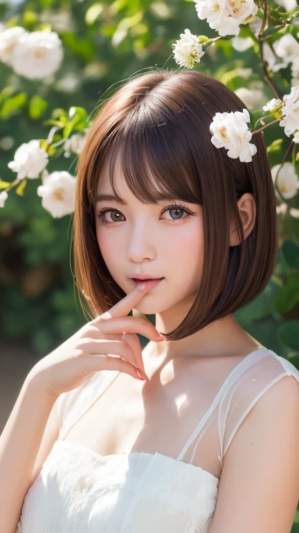One Girl、(beautiful girl、Delicate girl:1.3)、(21 years old:1.3)、break、(Spring Clothes:1.3)、break、Very beautiful eyes、(Symmetrical eyes:1.3)、break、(Countless flowers、 a colorful flower field:1.3)、Perfectly shaped and anthropomorphic fingers、break、Small breasts、Brown eyes、(((bob cut)))、Show your forehead、Brown Hair、break、(Eye and facial details:1.0)、break、(masterpiece、Highest quality、Very detailed) 、Detailed face、8K)、Cowboy Shot、smile:1.4、see-through、Open your mouth a little