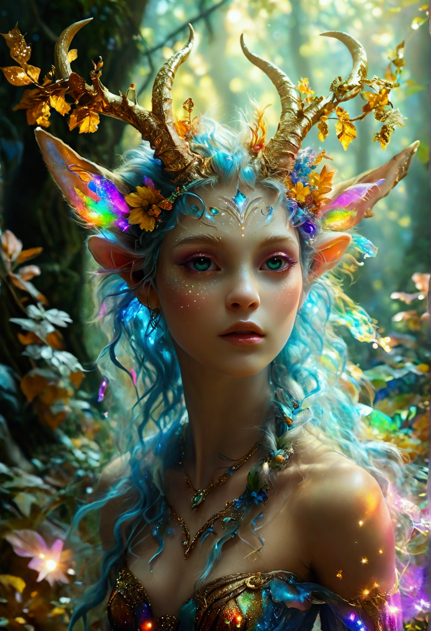 A beautiful, enchantingly elusive humanoid faun, every aspect exudes magic in the midst of danger: shimmering rainbow fur, ethereal golden horn, and eyes that seem to hold the secrets of the universe. The mystical creature is surrounded by a lush, enchanted forest, bathed in the soft light of the setting sun, creating a dreamlike atmosphere that transports viewers to a realm of fantasy and wonder. This breathtaking image is a digital painting that captures the essence of the mythical creature with stunning detail and masterful technique, making it a truly mesmerizing work of art.
