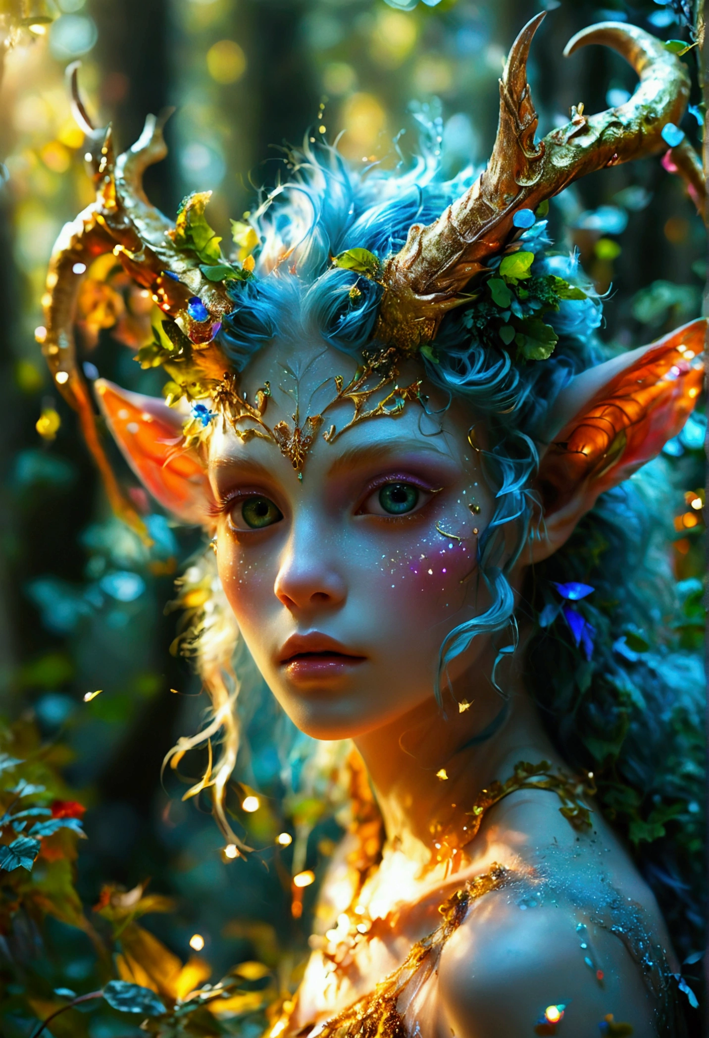 A beautiful, enchantingly elusive humanoid faun, every aspect exudes magic in the midst of danger: shimmering rainbow fur, ethereal golden horn, and eyes that seem to hold the secrets of the universe. The mystical creature is surrounded by a lush, enchanted forest, bathed in the soft light of the setting sun, creating a dreamlike atmosphere that transports viewers to a realm of fantasy and wonder. This breathtaking image is a digital painting that captures the essence of the mythical creature with stunning detail and masterful technique, making it a truly mesmerizing work of art.