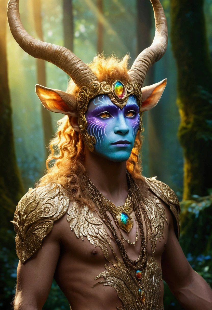 A beautiful, enchantingly elusive humanoid faun, every aspect exudes magic in the midst of danger: shimmering rainbow fur, ethereal golden horn, and eyes that seem to hold the secrets of the universe. The mystical creature is surrounded by a lush, enchanted forest, bathed in the soft light of the setting sun, creating a dreamlike atmosphere that transports viewers to a realm of fantasy and wonder. This breathtaking image is a digital painting that captures the essence of the mythical creature with stunning detail and masterful technique, making it a truly mesmerizing work of art.