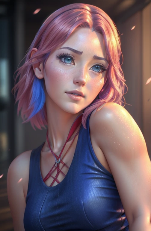 a beautiful tall sakura girl, short anime style hair, extremely detailed realistic face, beautiful eyes, long eyelashes, small nose, full lips, red tank top with beautiful folds and wrinkles, blue pants, belt, (best quality,8k,highres,masterpiece:1.2),ultra-detailed,(realistic,photorealistic,photo-realistic:1.37),intricate details,cinematic lighting,warm color tones,vibrant colors,beautiful background,cinematic full body, angle