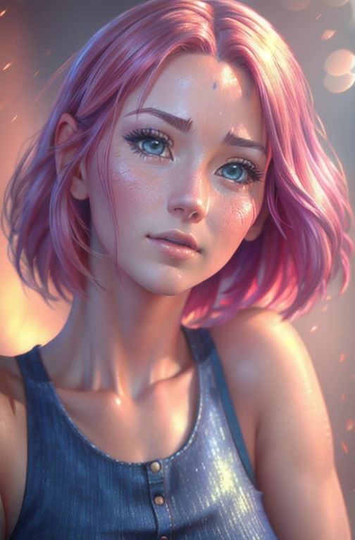 a beautiful tall sakura girl, short anime style hair, extremely detailed realistic face, beautiful eyes, long eyelashes, small nose, full lips, red tank top with beautiful folds and wrinkles, blue pants, belt, (best quality,8k,highres,masterpiece:1.2),ultra-detailed,(realistic,photorealistic,photo-realistic:1.37),intricate details,cinematic lighting,warm color tones,vibrant colors,beautiful background,cinematic full body, angle