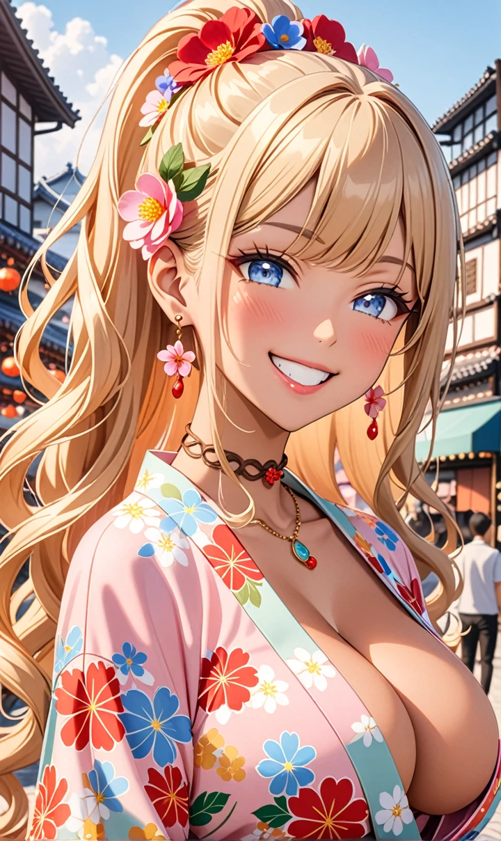 ultra-detailed, ((one girl)), (tan skin:1.6), in pastel colors gyaru, (heavy makeup), (professional lighting) hyper detailed, absurdres, 8K, Beautiful Face, (Laugh shyly), ((teasing smile:1.8)), ((Wink:1.7)), (Laugh with your mouth wide open),((Tilt your face:1.6)), View your viewers, ((Bright red cheeks:1.6)),Glossy Red Lips, ((Big Breasts:1.5)),  ((undressing:1.2)), noon, Residential area on a festival day, ((Anime style background)),masterpiece, Highest quality, so beautiful,Latest, Complex details, ((Pastel pink long nails)), (nail art), (ring),(bracelet), (Floral Choker),AI-generated, Complex,High resolution, Highest quality, super high quality,3D Images、3D Images,One person,Blonde long hair,(High Ponytail), (wavy hair:1.3), Blonde anime woman posing for a photo, ((Fine grain、blue eyes、glowing eyes:1.4)), (Squint your eyes:1.1),a hyperRealistic , hyperRealistic , Realistic,Anime woman with long pastel yellow hair, Smooth anime CG art, A girl in a gorgeous pastel-colored kimono, ((Pastel-colored furisode)),(Pink large floral pattern), Long flower hair ornament,Floral Earrings, Mature Body, tall,Narrow waist, ((from side))