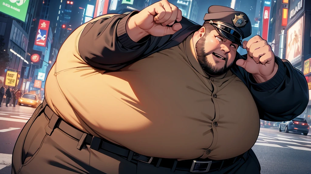 evil fat man police, with open hands wanting to catch something, evil character, enemy