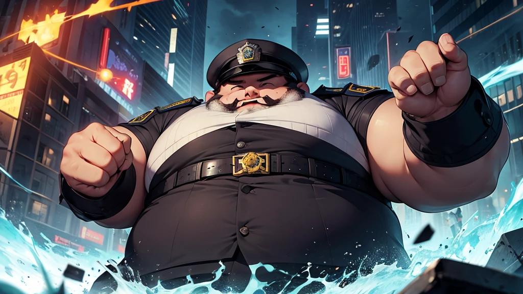 evil fat man police, with open hands wanting to catch something, evil character, enemy