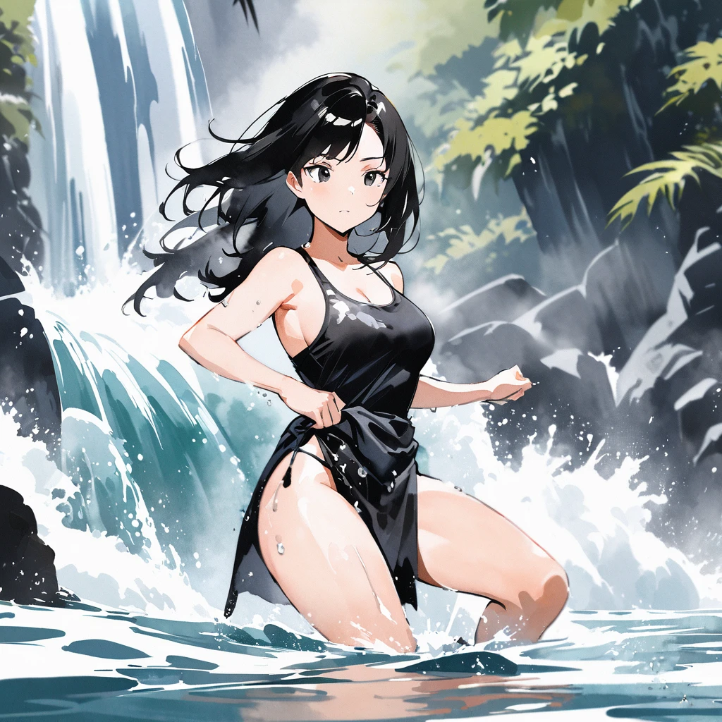 Top quality, masterpiece, watercolor style, Crystal-clear waters,Sumi-e style,solo Cool woman, black long hair,black eyes,Japanese loincloth style swimsuit, being hit by a waterfall in the river, heavy water spray, beautiful natural environment