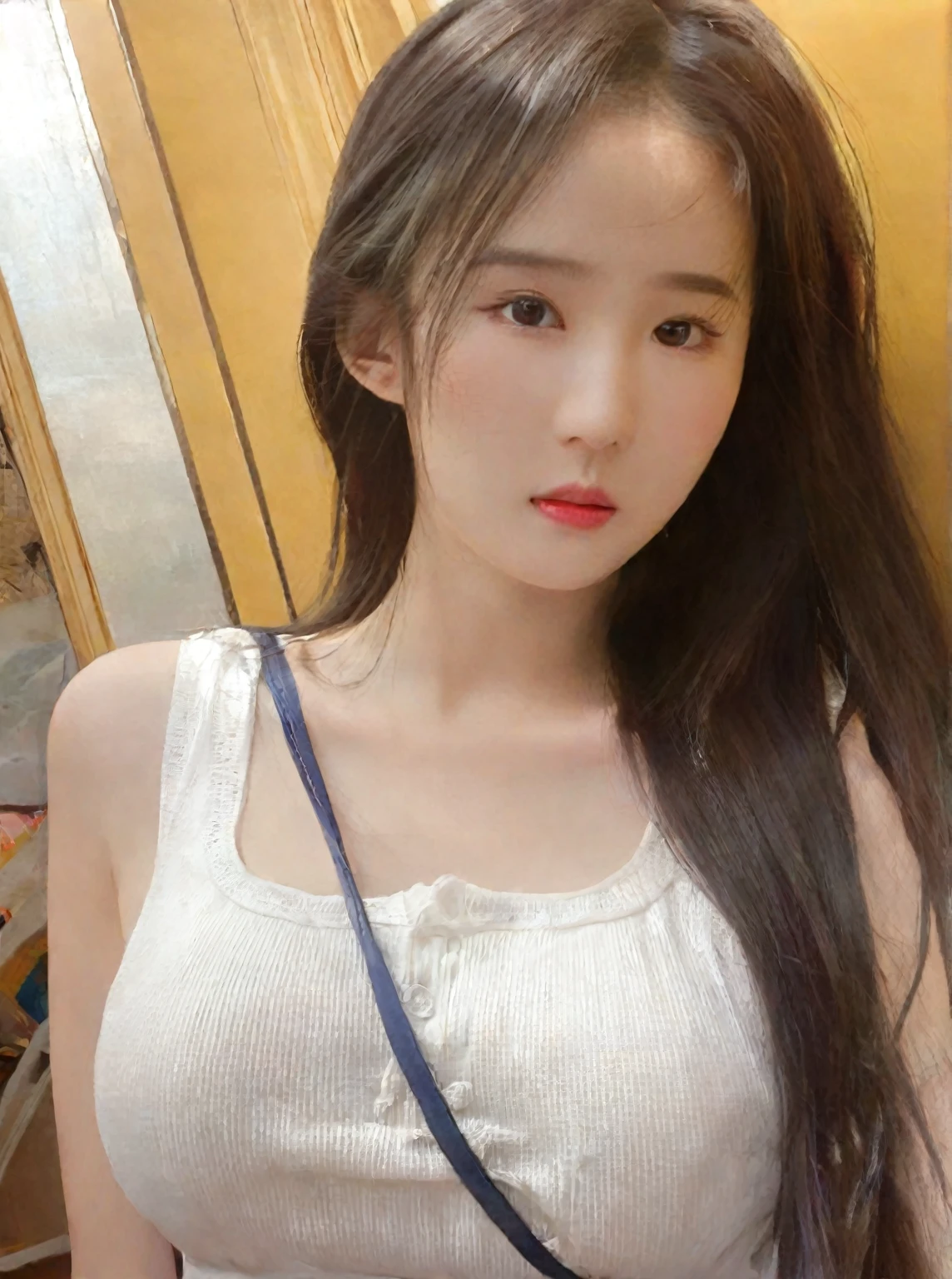 araf asian long hair woman，Wearing a white vest, Beautiful young Korean woman, korean girl, Beautiful Korean woman, Beautiful young Korean woman, nice young girl, Nam Jae-yeon, young cute girl, 22 years old, Cui Xianhua, She is about 20 years old, She is about 20 years old