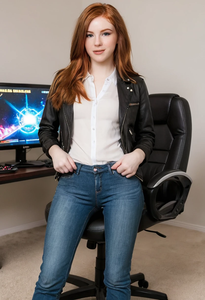 21 year old female, redhead, jeans, black jacket, white shirt, game room, lights, monitor, gaming chair, gaming pc, controller, game room, lights, video game,
