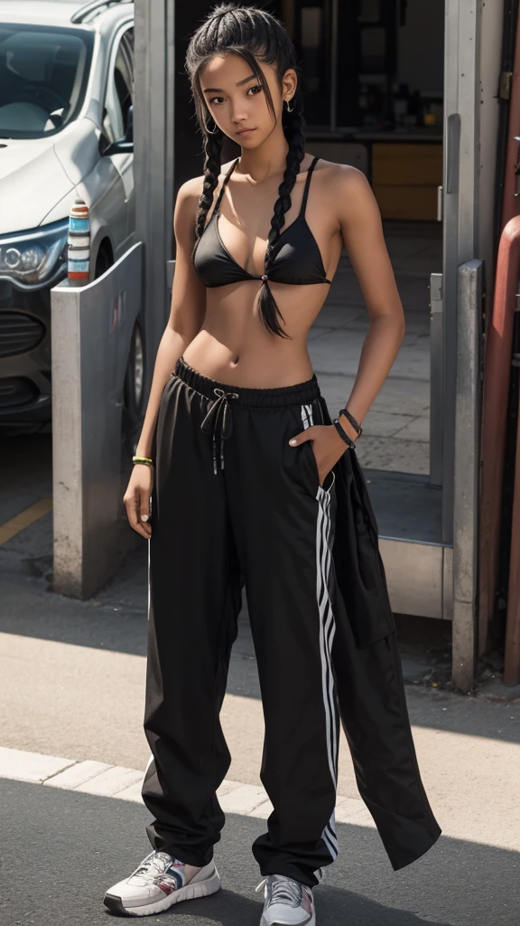 Teenage girl, illegal street racer, Bikini top, baggy pants,  long black braided hair,  fair skin, slight tan