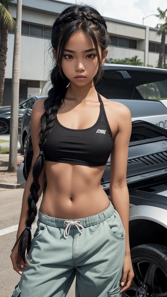 Teenage girl, illegal street racer, Bikini top, baggy pants, long black braided hair