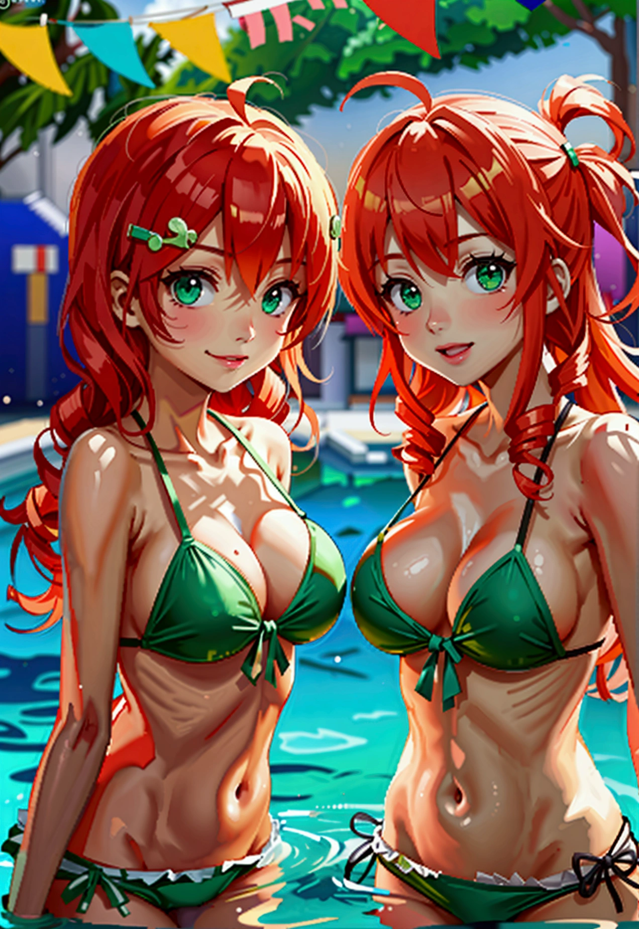 School Swimwear – Green Eye Hair Ornament、red hairs、Ahoge、twin drills、sexy ass firme vagina visibles pezones puntiagudos nalgas visibles