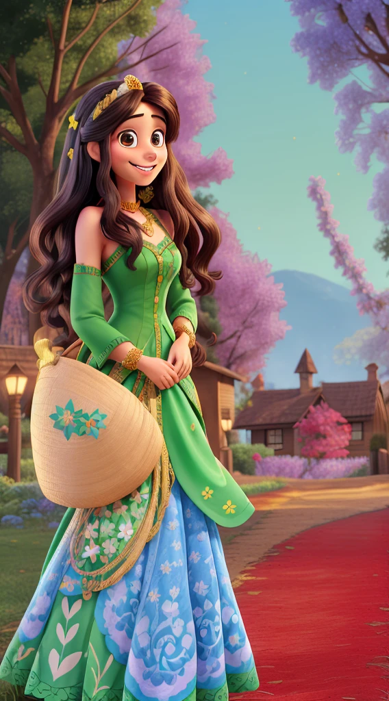 Uma mulher branca with a beautiful smile, long black hair, one hand in front of your partner. The companion is a tall brunette,, with a beautiful smile. The background is with colorful trees in the background,