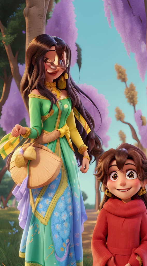 Uma mulher branca with a beautiful smile, long black hair, one hand in front of your partner. The companion is a tall brunette,, with a beautiful smile. The background is with colorful trees in the background,