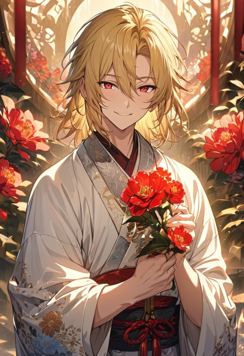 (masterpiece, Very detailed, Exquisite, beautiful, Full HD, High resolution, Absurd)alone, male, A detailed anime-style illustration of a beautiful male character. He has golden hair and sharp red eyes, and he is wearing a white kimono with floral patterns. He is holding a red flower in his hand and smiling. The background is simple with floral designs. The overall mood should be calm and enchanting, with soft lighting to emphasize the delicate features of the character.