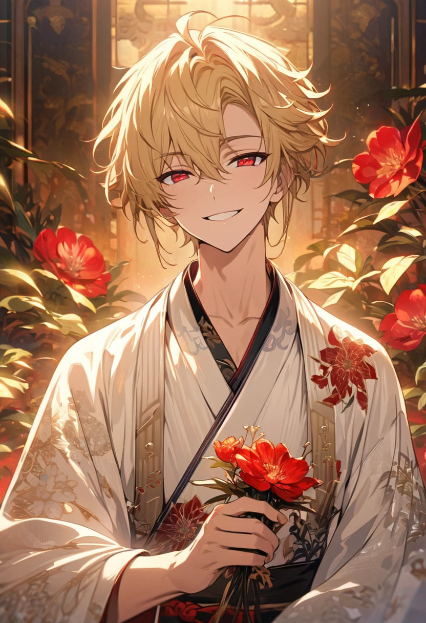 (masterpiece, Very detailed, Exquisite, beautiful, Full HD, High resolution, Absurd)alone, male, A detailed anime-style illustration of a beautiful male character. He has golden hair and sharp red eyes, and he is wearing a white kimono with floral patterns. He is holding a red flower in his hand and smiling. The background is simple with floral designs. The overall mood should be calm and enchanting, with soft lighting to emphasize the delicate features of the character.