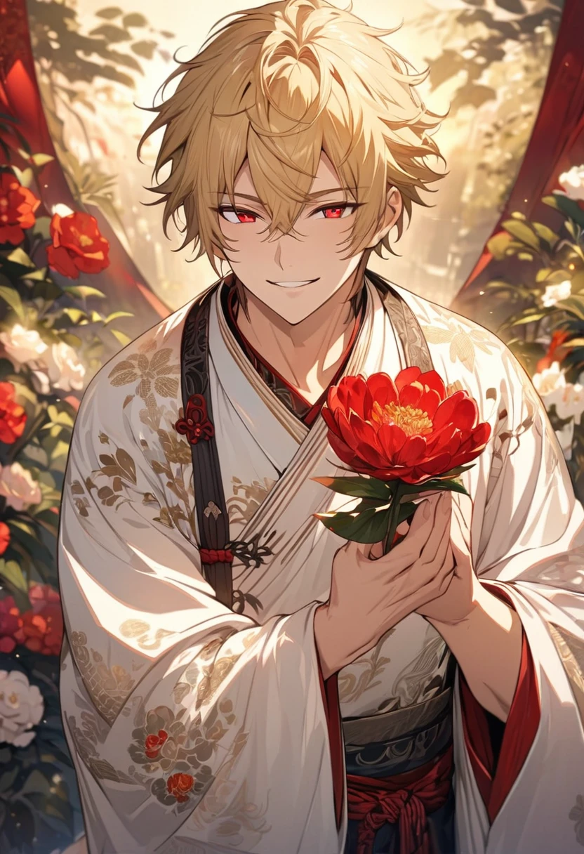 (masterpiece, Very detailed, Exquisite, beautiful, Full HD, High resolution, Absurd)alone, male, A detailed anime-style illustration of a beautiful male character. He has golden hair and sharp red eyes, and he is wearing a white kimono with floral patterns. He is holding a red flower in his hand and smiling. The background is simple with floral designs. The overall mood should be calm and enchanting, with soft lighting to emphasize the delicate features of the character.