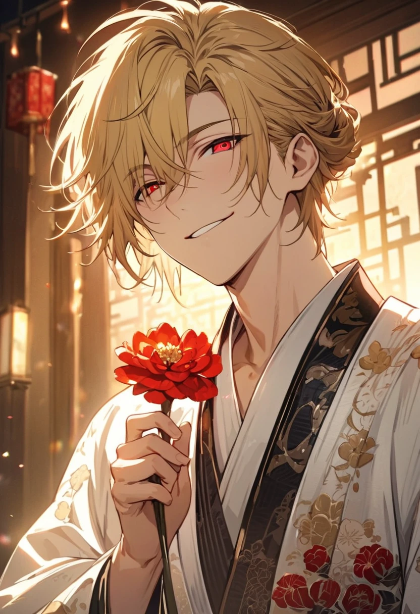 (masterpiece, Very detailed, Exquisite, beautiful, Full HD, High resolution, Absurd)alone, male, A detailed anime-style illustration of a beautiful male character. He has golden hair and sharp red eyes, and he is wearing a white kimono with floral patterns. He is holding a red flower in his hand and smiling. The background is simple with floral designs. The overall mood should be calm and enchanting, with soft lighting to emphasize the delicate features of the character.