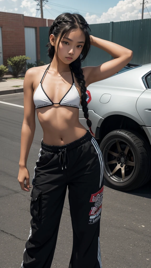 age girl, illegal street racer, Bikini top, baggy pants, long black braided hair, fair skin, slight tan