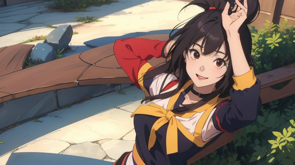 Skinny Megumi
masterpiece, Best quality, fan art, Drawing, digital graphics, Megumi, the main character of the anime "Konosuba", stands in a characteristic pose, dressed in her usual outfit. She looks directly at the viewer, her eyes wide open and full of joy. Megumi smiles radiantly, showing her carelessness and friendliness. Her left arm is raised up and slightly bent at the elbow. The palm is facing forward. The right hand with the smartphone is lowered and relaxed.. The overall background of the image should be bright and colorful to emphasize the cheerfulness of the scene., masterpiece, Best quality, fan art, Drawing, digital graphics