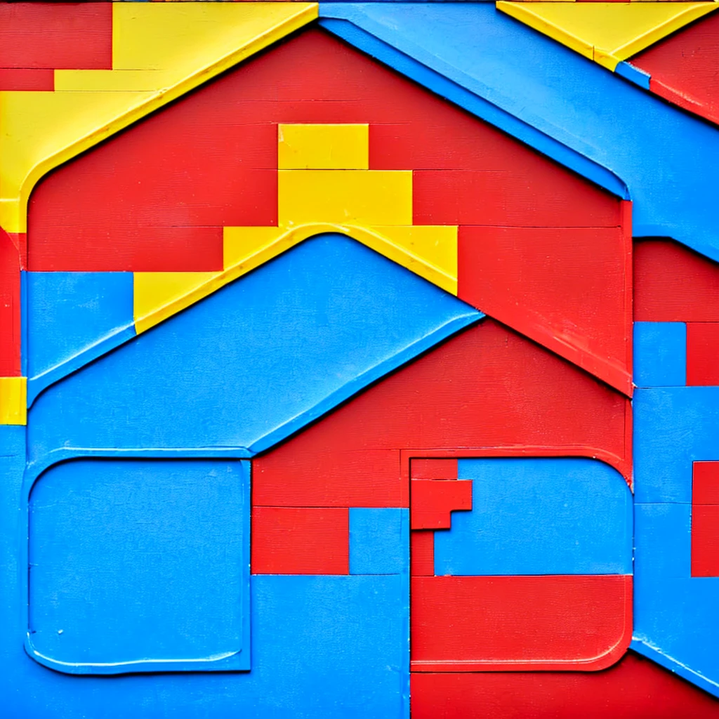 a close-up of a house with a red roof and a blue and yellow house, Red - yellow - blue building, logo without text, minimalist logo without text, using lego pieces to layout
