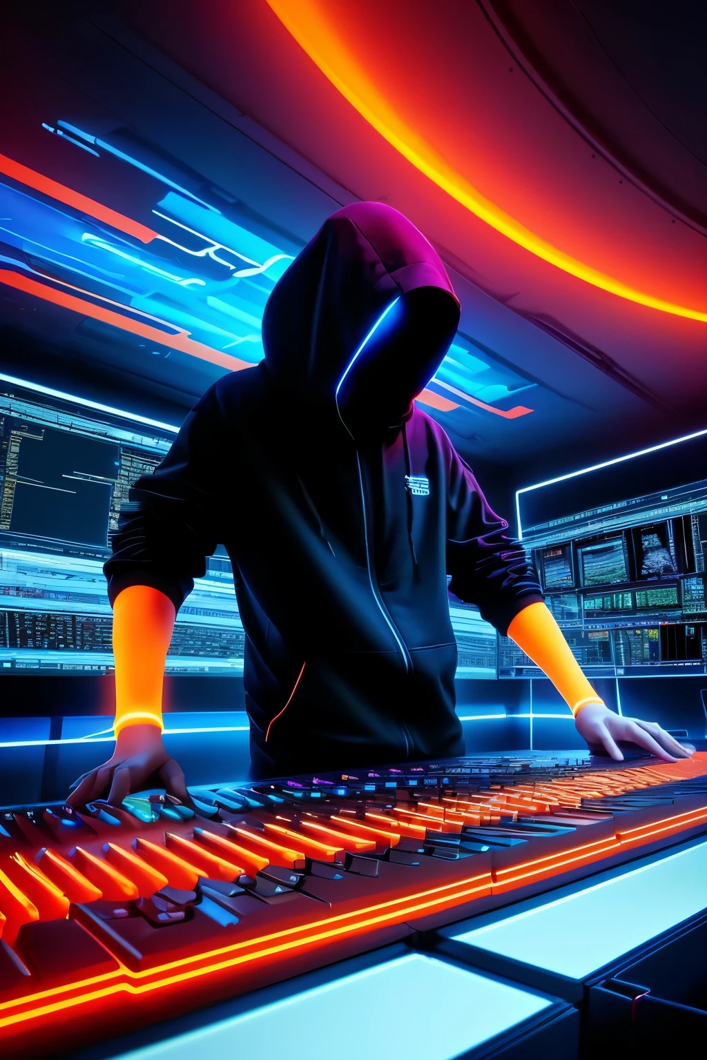 Book Cover: "Mastering Video Editing in a Digital Realm"
In the foreground, a sleek, futuristic laptop screen dominates the scene, its bright orange and blue pixels pulsating with energy. A skilled hand, depicted in a high level of detail, hovers above the keyboard, fingers poised over the keys in a pose of concentration. The hand belongs to a figure clad in a modern, hooded jumpsuit, their face partially concealed by the shadow cast by the laptop. The background gradually fades into a swirl of abstract, neon blue patterns, suggesting the endless digital landscape that the world of video editing inhabits. The title, "Mastering Video Editing in a