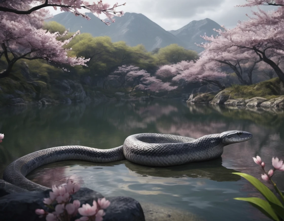 full body portrait of a realistic faint banded sea snake, cobra hybrid reptile, chartreuse, grey, silver, black scales, mysterious lake scenery, cherry blossoms, Asia, full body, cinematic, render, 8k, unreal engine, realistic, masterpiece, high detail, full body, low life, volumetric lighting