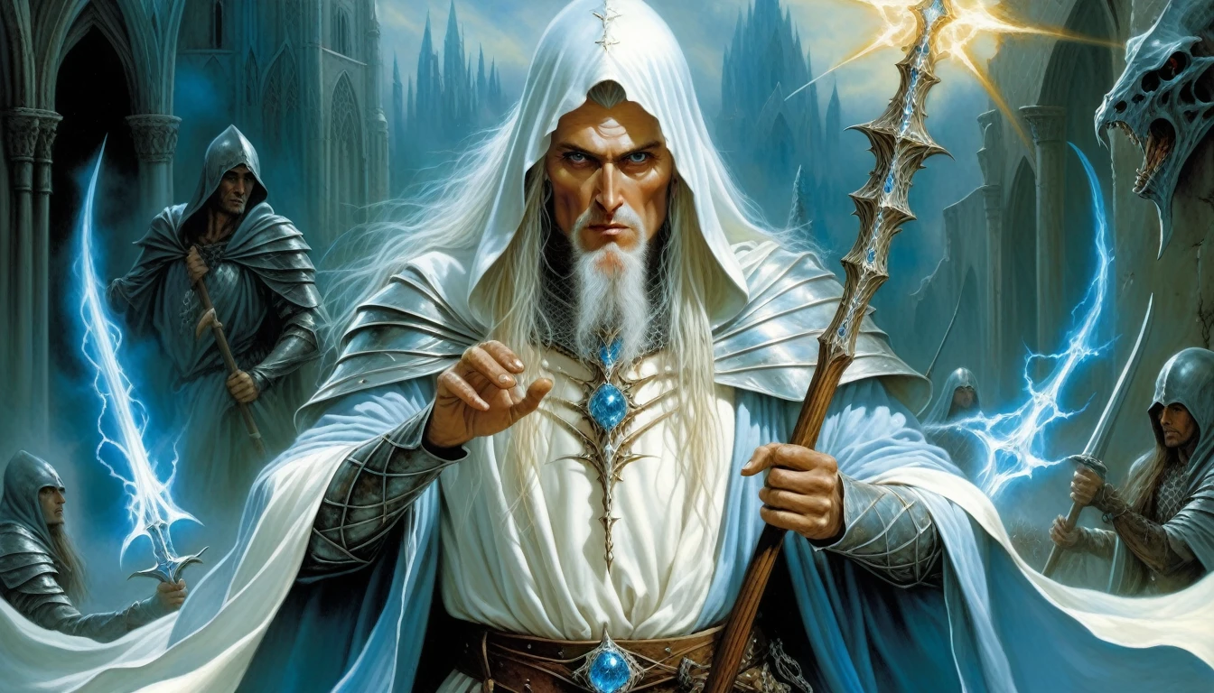 Highly detailed, UHD, 32k, medieval fantasy,heavy metal magazine cover, oil on canvas, luis royo style. A wizard clad in bluish white robes and clothing, holding an ivory staff with a bluish crystal, amidst an elvish army charging into battle