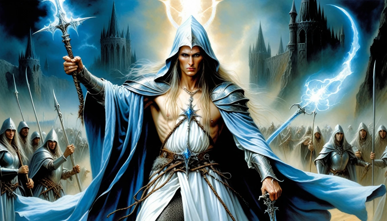 Highly detailed, UHD, 32k, medieval fantasy,heavy metal magazine cover, oil on canvas, luis royo style. A wizard clad in bluish white robes and clothing, holding an ivory staff with a bluish crystal, amidst an elvish army charging into battle