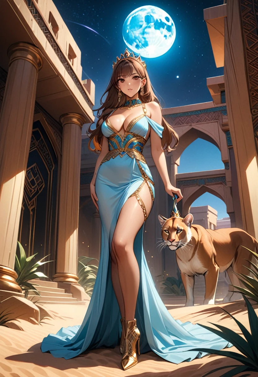 Arafed digital painting of a desert princess BREAK and her epic pet cougar in her palace high details, best quality, 16k, f a female human princess and her pet cougar, princess of the desert, full body, ((anatomically correct: 1.5)) ((standing: 1.5)) proudly royalty demeanor, a woman, (best detailed face: 1.5), Ultra Detailed face, ((human ears: 1.3)), wearing an elegant glamour, royal desert dress, decorated with gems, wearing princess tiara, small cleavage, thigh high intricate leather high heeled boot, thick hair, long hair, brown hair, tan skin intense brown eyes, her epic desert (cougar : 1.3) lying at her feet, guarding her, an epic fantasy desert palace in an oasis in the background (intricate details, Masterpiece, best quality: 1.5) night, moon light, stars ,Wide-Angle, award winning, best quality, high quality, high details, highres, vibrant, Ultra-high resolution, High Contrast, (masterpiece:1.5), highest quality, Best aesthetics, best details, best quality, highres, ultra wide angle, 16k, [ultra detailed], masterpiece, best quality, chumbasket art style, Cinematic Hollywood Film, 