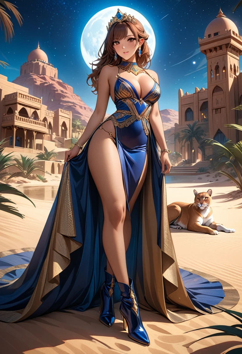 Arafed digital painting of a desert princess BREAK and her epic pet cougar in her palace high details, best quality, 16k, f a female human princess and her pet cougar, princess of the desert, full body, ((anatomically correct: 1.5)) ((standing: 1.5)) proudly royalty demeanor, a woman, (best detailed face: 1.5), Ultra Detailed face, ((human ears: 1.3)), wearing an elegant glamour, royal desert dress, decorated with gems, wearing princess tiara, small cleavage, thigh high intricate leather high heeled boot, thick hair, long hair, brown hair, tan skin intense brown eyes, her epic desert (cougar : 1.3) lying at her feet, guarding her, an epic fantasy desert palace in an oasis in the background (intricate details, Masterpiece, best quality: 1.5) night, moon light, stars ,Wide-Angle, award winning, best quality, high quality, high details, highres, vibrant, Ultra-high resolution, High Contrast, (masterpiece:1.5), highest quality, Best aesthetics, best details, best quality, highres, ultra wide angle, 16k, [ultra detailed], masterpiece, best quality, chumbasket art style, Cinematic Hollywood Film, 