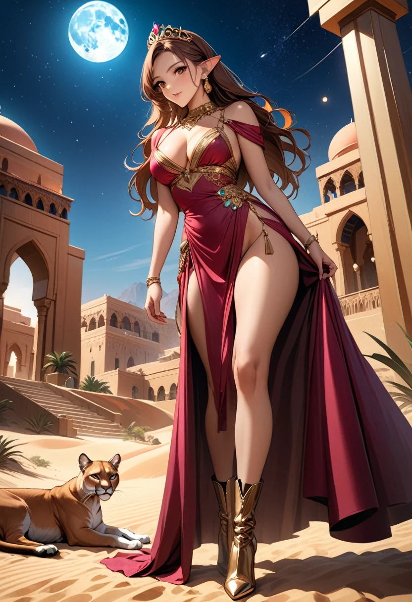 Arafed digital painting of a desert princess BREAK and her epic pet cougar in her palace high details, best quality, 16k, f a female human princess and her pet cougar, princess of the desert, full body, ((anatomically correct: 1.5)) ((standing: 1.5)) proudly royalty demeanor, a woman, (best detailed face: 1.5), Ultra Detailed face, ((human ears: 1.3)), wearing an elegant glamour, royal desert dress, decorated with gems, wearing princess tiara, small cleavage, thigh high intricate leather high heeled boot, thick hair, long hair, brown hair, tan skin intense brown eyes, her epic desert (cougar : 1.3) lying at her feet, guarding her, an epic fantasy desert palace in an oasis in the background (intricate details, Masterpiece, best quality: 1.5) night, moon light, stars ,Wide-Angle, award winning, best quality, high quality, high details, highres, vibrant, Ultra-high resolution, High Contrast, (masterpiece:1.5), highest quality, Best aesthetics, best details, best quality, highres, ultra wide angle, 16k, [ultra detailed], masterpiece, best quality, chumbasket art style, Cinematic Hollywood Film, 