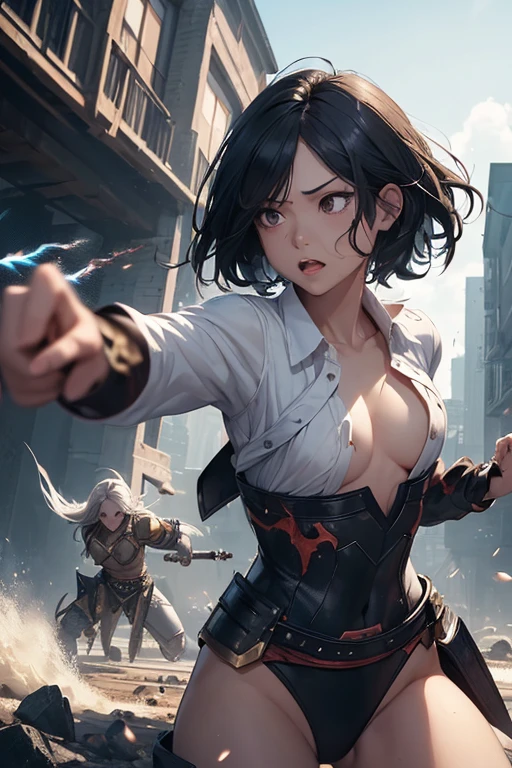 (((Highest quality)))、(((masterpiece)))、A girl with black bob hair is fighting a monster、Model-like body、Wearing a white bikini、Disheveled Hair、(((Flat Chest)))、(((Action Sceneartial Arts、(((In combat)))