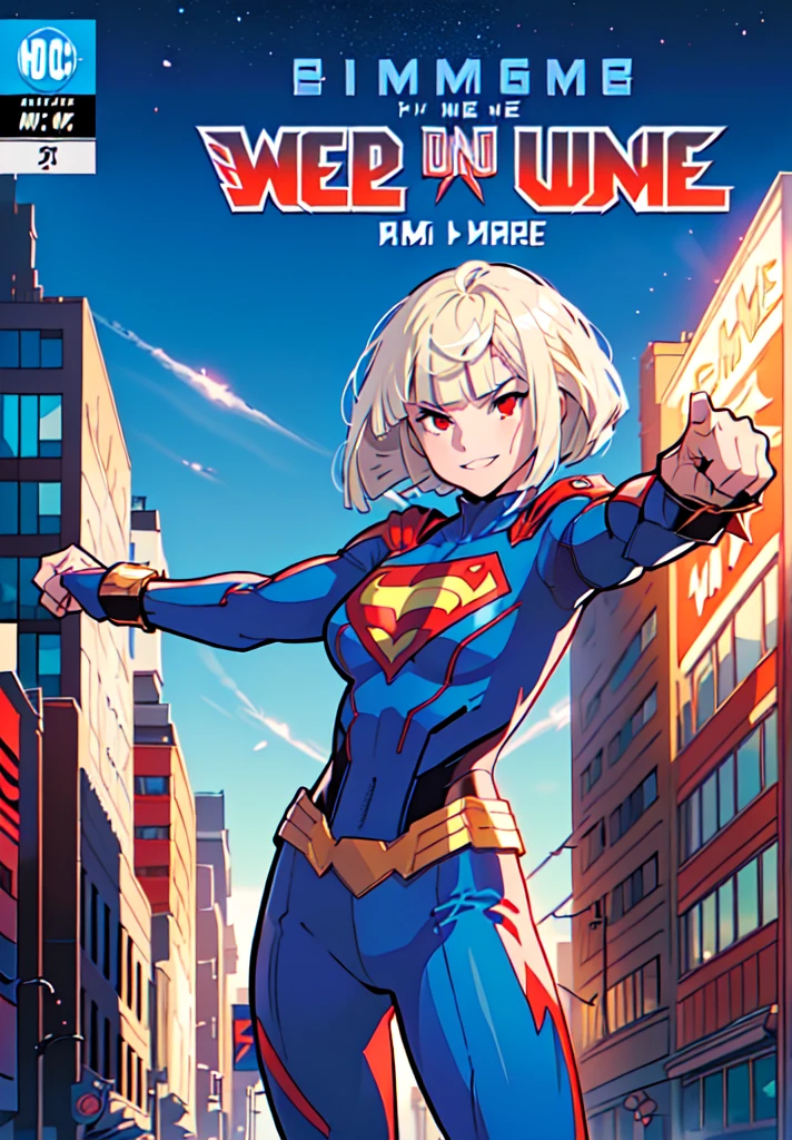 ((epic pose)), (fists), (canny smile), ((dynamicpose)), 1girl, ((Movie poster)), ((platinum blonde)), (Wavy Hair), (messy  hair), (((((short bangs))))), ((Short hair)), (((red eyes))), (blue costume), (superhero suit), night time, City, neon light, the wind, ((magazine cover)), ((comic cover)), ((manga cover)), big text, big title, many inscriptions, lettering