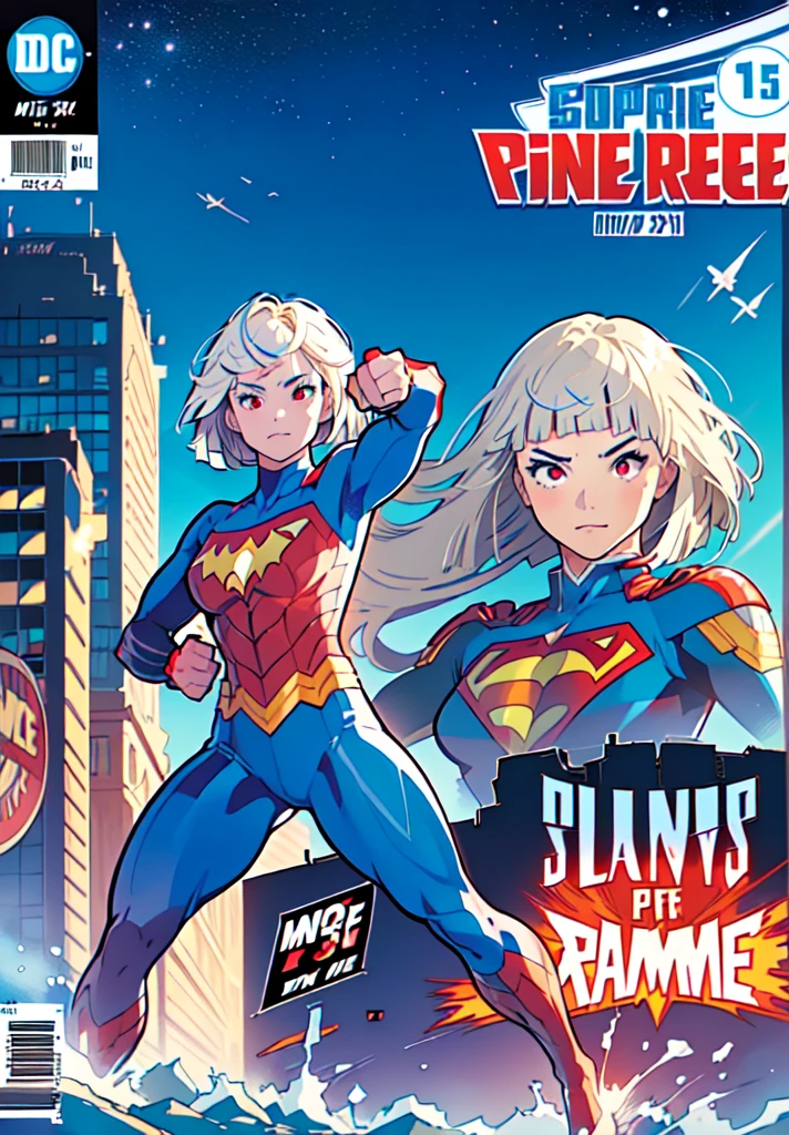 ((epic pose)), (fists), (canny smile), ((dynamicpose)), 1girl, ((Movie poster)), ((platinum blonde)), (Wavy Hair), (messy  hair), (((((short bangs))))), ((Short hair)), (((red eyes))), (blue costume), (superhero suit), night time, City, neon light, the wind, ((magazine cover)), ((comic cover)), ((manga cover)), big text, big title, many inscriptions, lettering