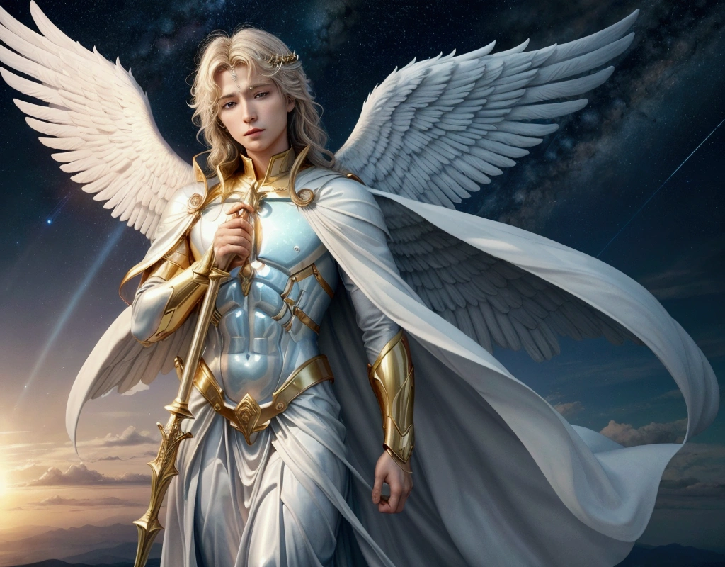 Create an inspiring and heavenly image of a man for your song thumbnail "Song for Archangel Michael - Celestial Protection". The image must convey peace, protection and spirituality. Here are the elements to include: Central Figure of Archangel Michael: A majestic figure of Archangel Michael, with open wings and a sword of light in his hands. He should be enveloped in an aura of golden or blue light. heavenly scenery: A background with starry sky or bright clouds, giving a feeling of being in heaven. Elements of Light and Brightness: lightrays, Almost, or orbs of energy that emanate from the figure of the archangel and spread across the scene. Inspiring Text: Include the song title "Song for Archangel Michael - Celestial Protection" in an elegant, smooth font. Place the text harmoniously, preferably at the top or bottom of the image. Soft and Harmonious Colors: Use shades of blue, doradas, white and other colors that convey serenity and spirituality. Make sure the image is visually appealing and conveys the message of protection and peace that the song represents. Add some music