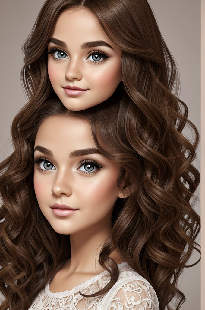 Young girl with tan skin, very long curly golden blonde hair, small nose, big red lips and the face of a beautiful doll