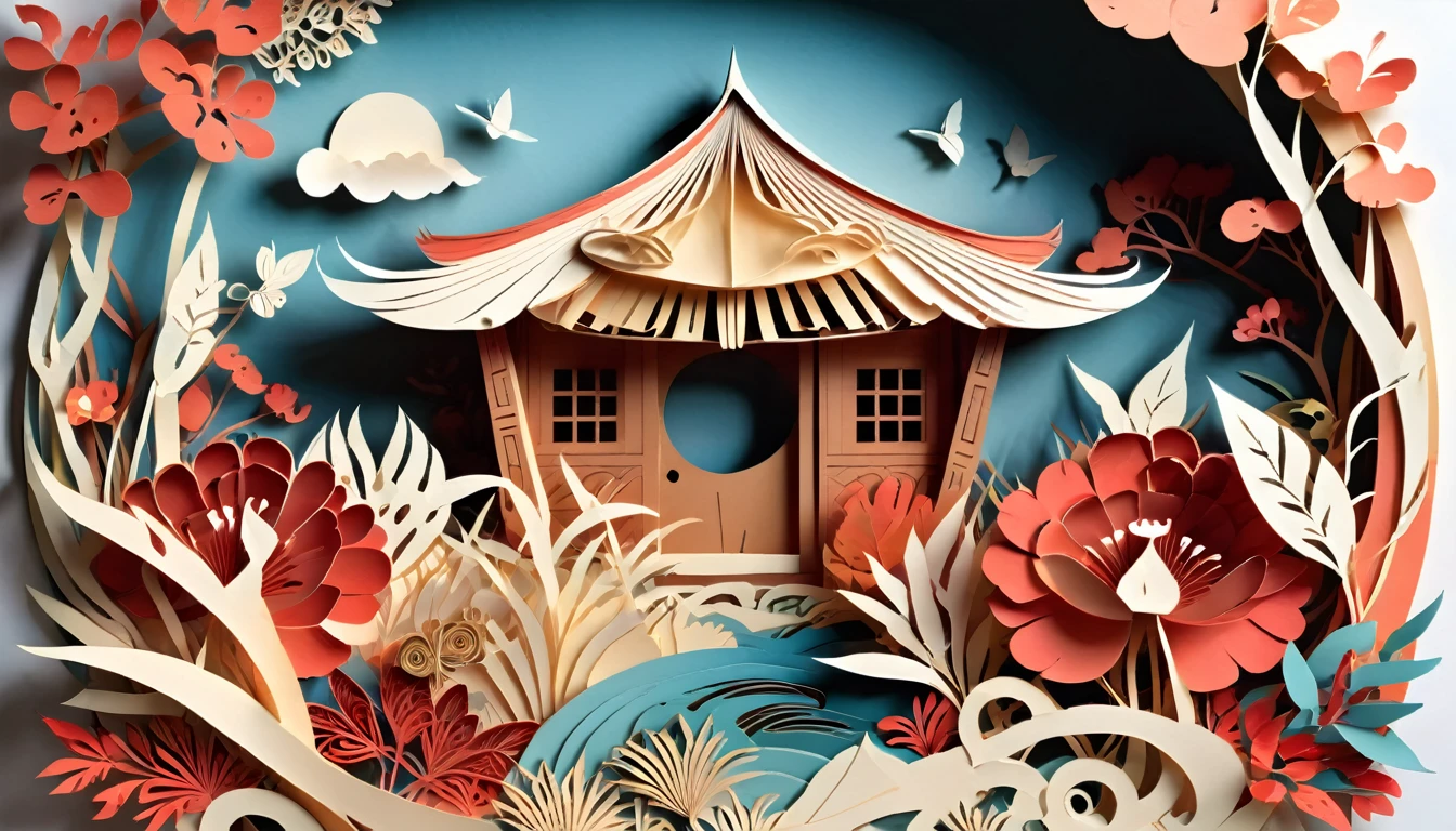 paper cuttings art of honai, Papuan traditional house, honai made of wood with a doom roof made of straw or reeds, Honai has a small door and no windows, honai is look a brownies-button mushroom, (paper cutout，paper art, layered paper art，paper quilling, digital art), Against a pure white background, vector illustration, papercut style, layers, colours, hires, high quality image, borders page, nature background, leaf and floral