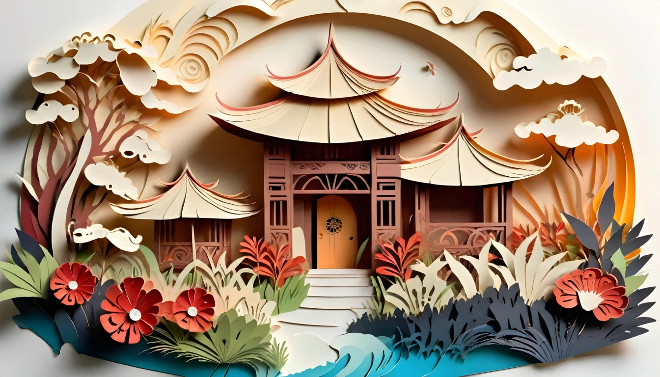 paper cuttings art of honai, Papuan traditional house, honai made of wood with a doom roof made of straw or reeds, Honai has a small door and no windows, honai is look a brownies-button mushroom, (paper cutout,paper art, layered paper art,paper quilling, digital art), Against a pure white background, vector illustration, papercut style, layers, colours, hires, high quality image, borders page, nature background, leaf and floral