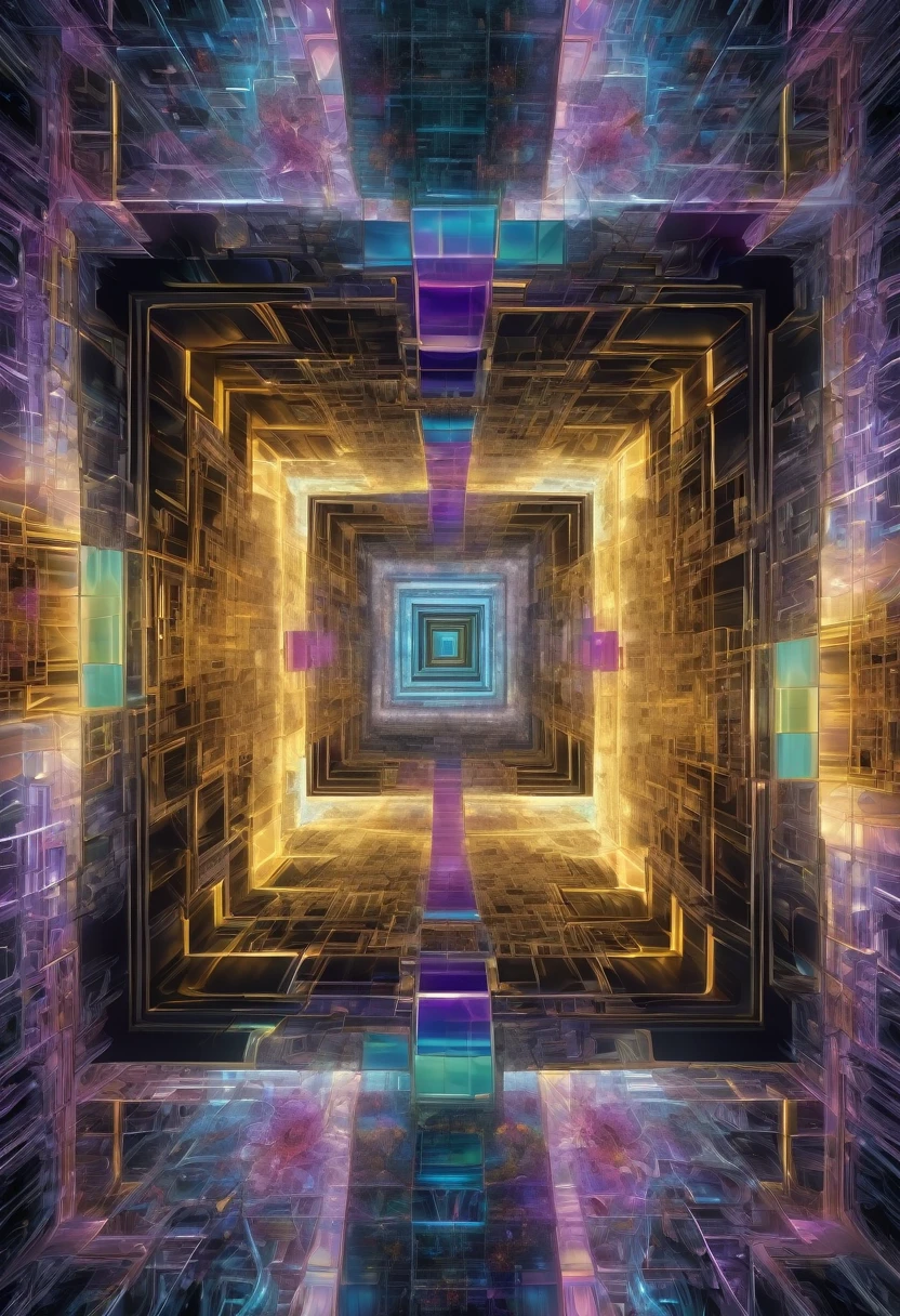 77^(3), they are entering the hypercube dimension((changing perspectives)), fractal,deep wiew,ultra high resolution,hyperdetailed, masterpiece, 3d modelling, abstract art, digital art.