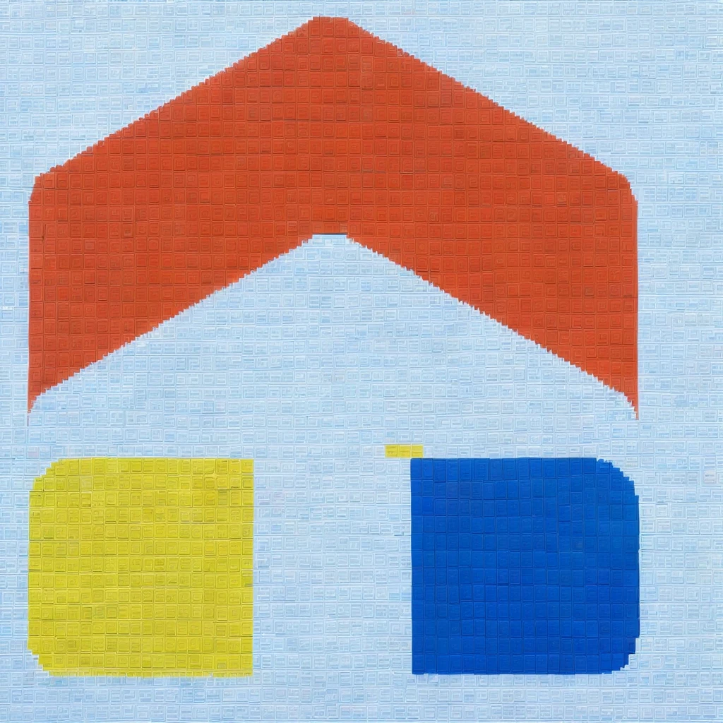 a close-up of a house with a red roof and a blue and yellow house, Red - yellow - blue building, logo without text, minimalist logo without text, using lego pieces to layout