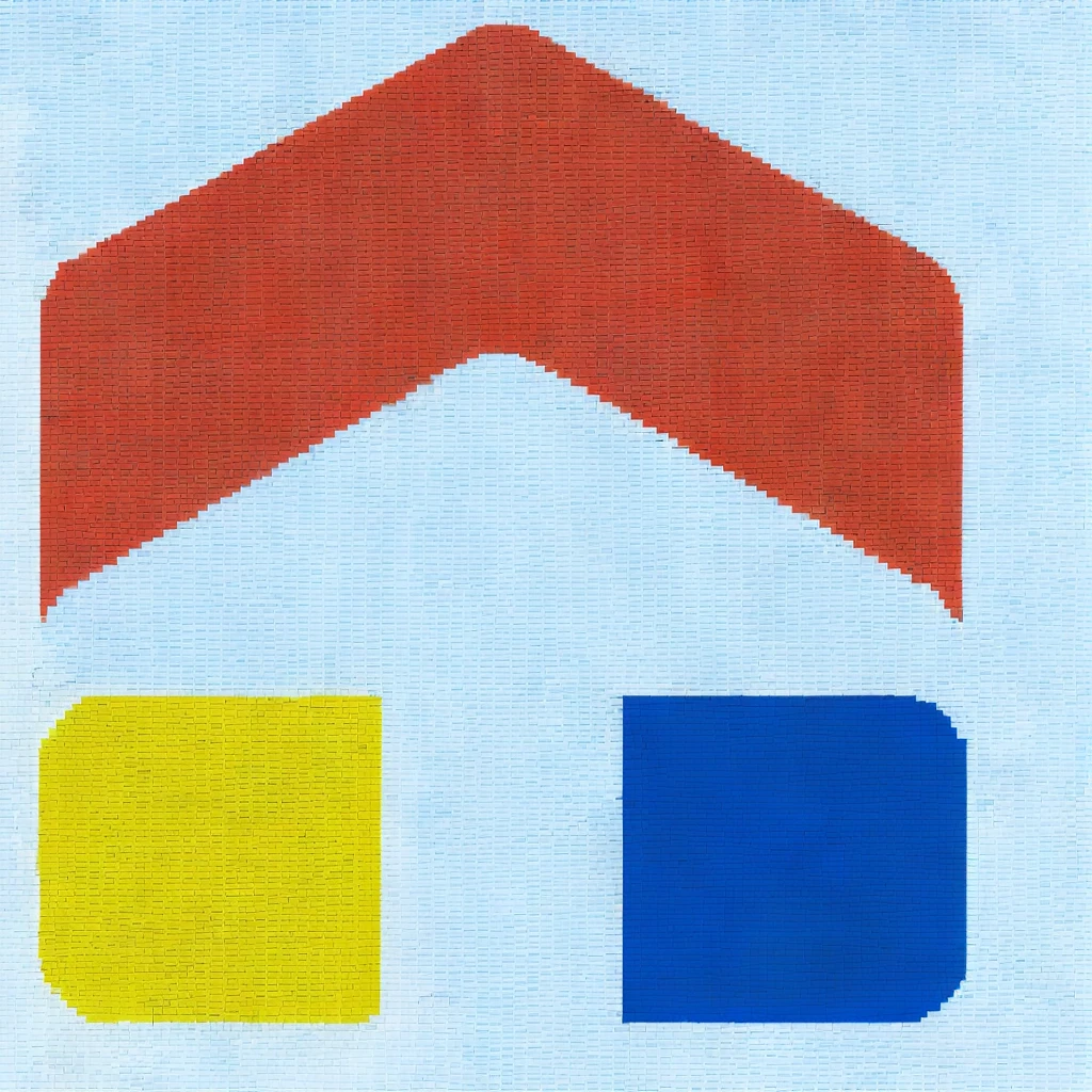 a close-up of a house with a red roof and a blue and yellow house, Red - yellow - blue building, logo without text, minimalist logo without text, using lego pieces to layout