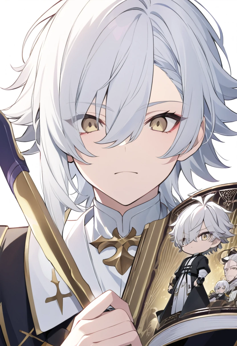 アニメ, a man aged 37, com white  hair e longos com uma fraja no dado direito e um livro nas mãos, brunette skin, gold eyes, cute androgynous prince, delicate androgynous prince, white  hair deity, handsome guy in demon slayer art, photo of a male cleric, white  hair, portrait of thancred, arte detalhada de personagem de アニメ