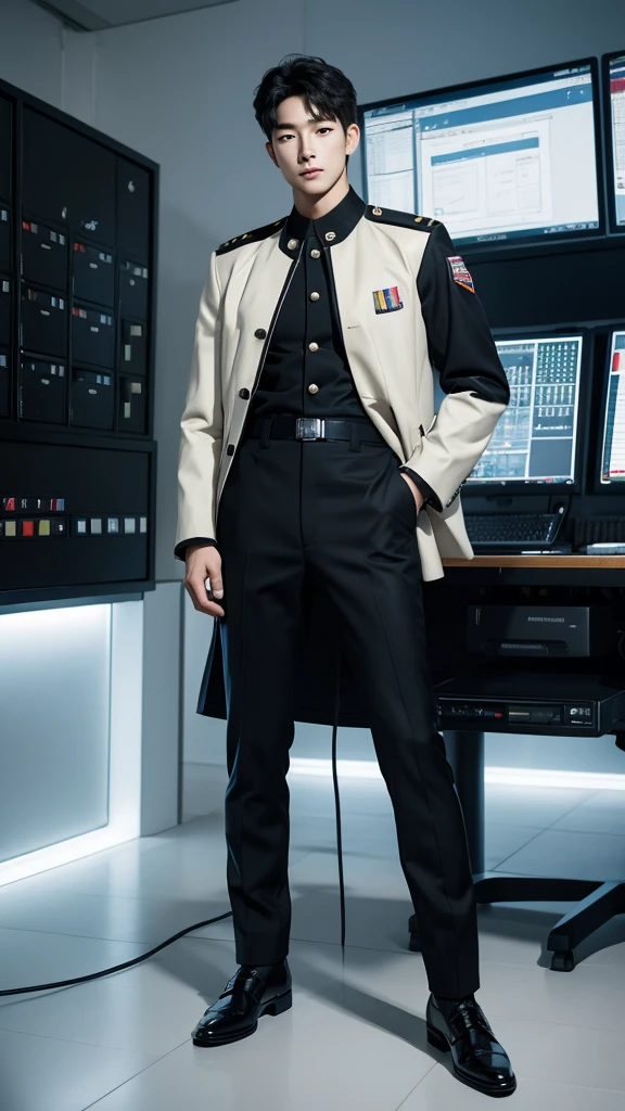 (highest resolution, different_images), best quality, masterpiece, highly detailed, semi realistic, handsome korean man, black uniform, levis pants, military uniform, spaceship, control room, commander