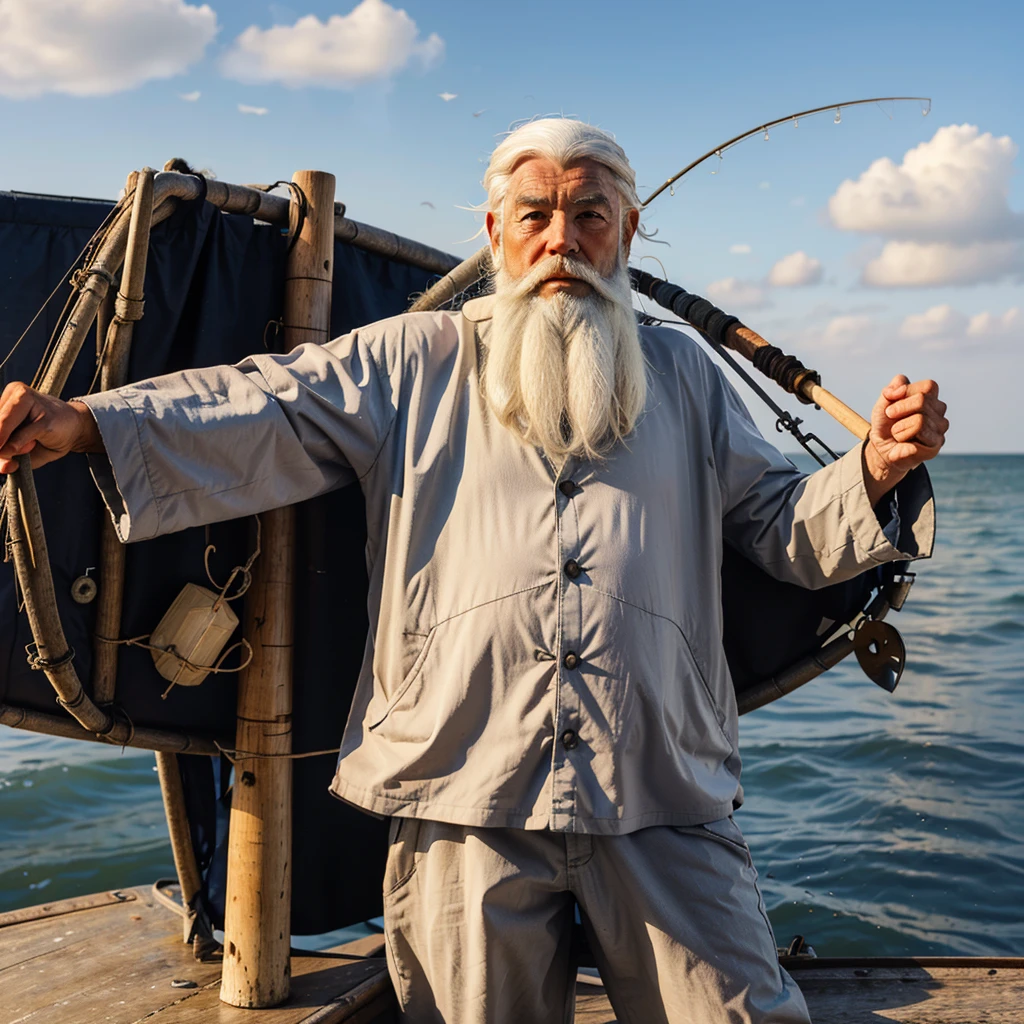 An old fisherman on his fishing boat, navigant sur la mer, white hair and beard, style manga, animated, full body.