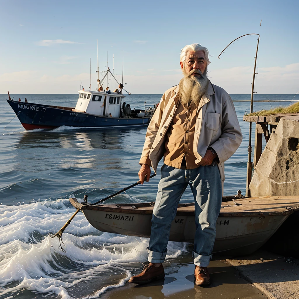 An old fisherman on his fishing boat, navigant sur la mer, white hair and beard, style manga, animated, full body.