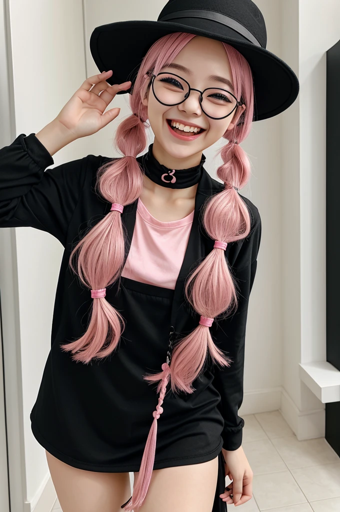Anime girl with pink pigtails laughing black clothes with glasses long eyelashes and choker with hat