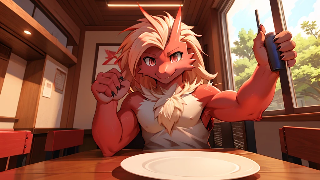 Blaziken, perspective from front. Solo. Holding up my chin wjth the backs of my hands, sitting at a table, cute, warm smile 